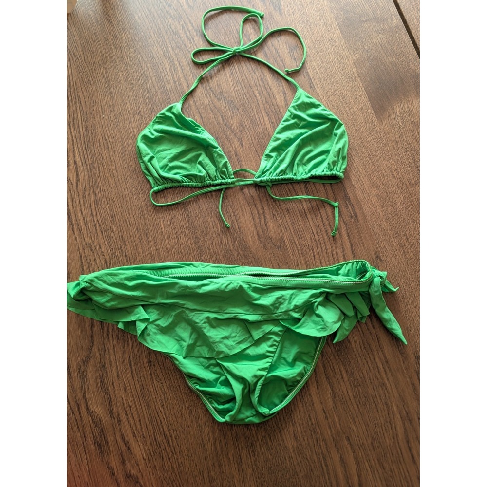 Vintage Y2K Ralph Lauren Bikini Set Size 12 Green Ruffled Bottom Swimsuit